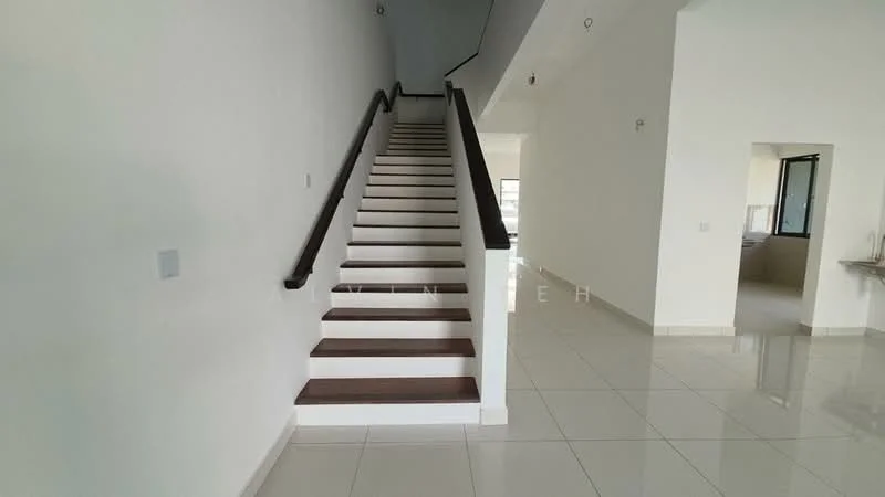Room features: white painted walls, glossy ceramic tile flooring, staircase with wooden steps, handrail with dark wood finish, large windows allowing natural light, open space layout, high ceiling, recessed downlights; style: modern.