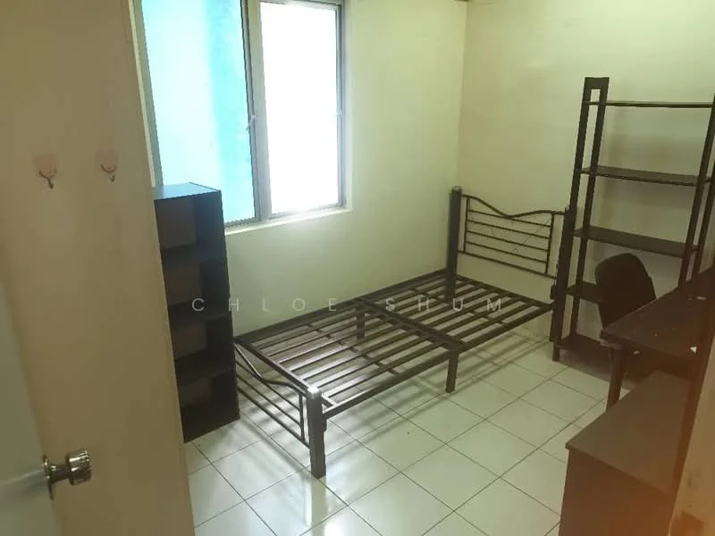 Bedroom features: single metal bed frame, white tiled flooring, light beige painted walls, window with blue curtains, metal shelving unit, black study desk, black chair, built-in wardrobe; style: minimalist.