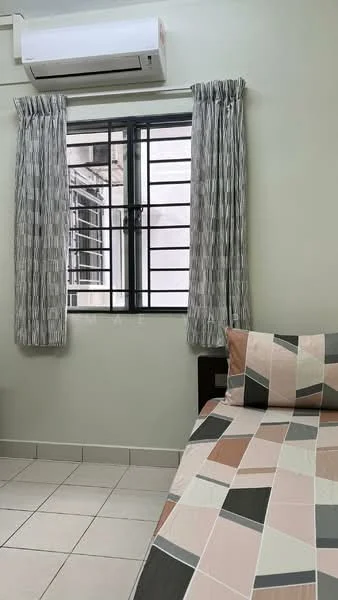 Bedroom features: single bed with patterned bedding, light green painted walls, white ceiling, 1 wall-mounted split AC, floor-to-ceiling window with black metal grille, grey curtains, tiled flooring, nightstand; style: modern.
