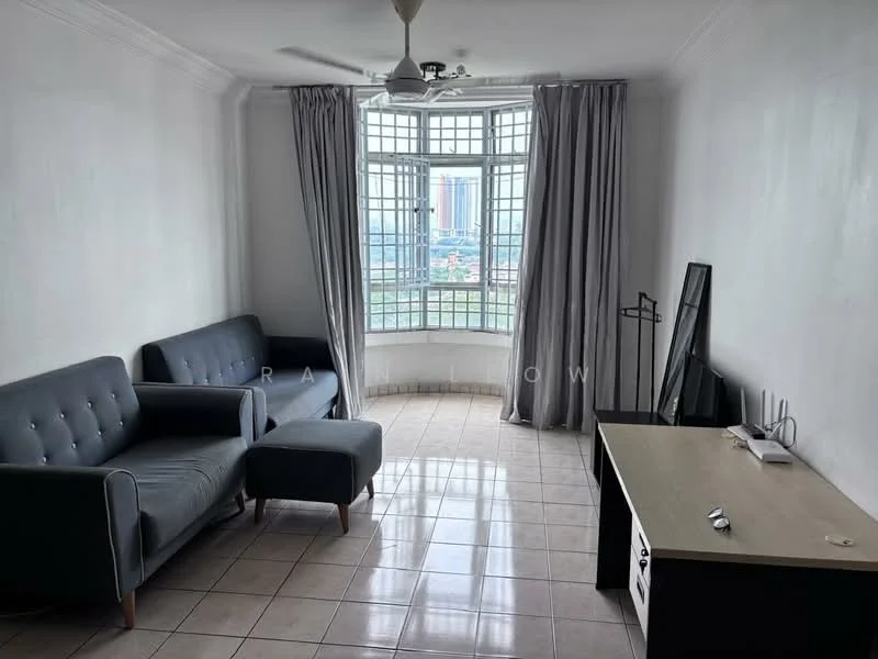 Living features: grey fabric 3-seater sofa, grey fabric 2-seater sofa, light-coloured coffee table, floor-to-ceiling windows, sheer curtains, white painted walls, glossy ceramic tile flooring, ceiling fan with light, TV console, decorative mirror; style: modern; view: city.