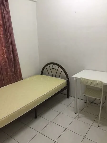 Bedroom features: single bed frame, mattress not included, white walls, pink curtains, white tiled flooring, white study desk, plastic chair.