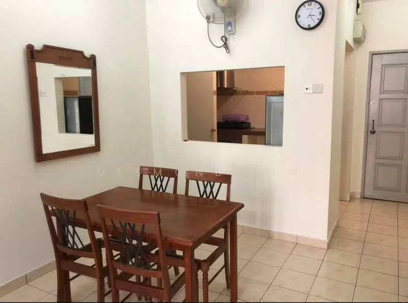 Dining features: wooden dining table with four chairs, mirror on wall, wall clock, tile flooring, white painted walls, open pass-through to kitchen, ceiling fan, light switch on wall.