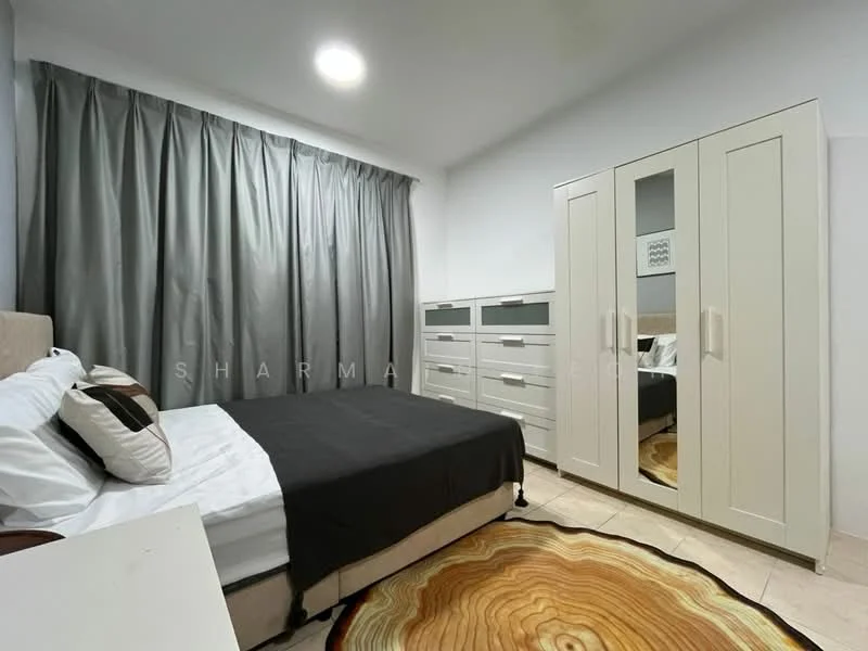 Bedroom features: queen-size bed with black bedding, upholstered headboard, two bedside pillows, floor-to-ceiling grey curtains, built-in wardrobe with mirrored doors, chest of drawers, decorative area rug with wood pattern, tile flooring, recessed ceiling light; style: modern.