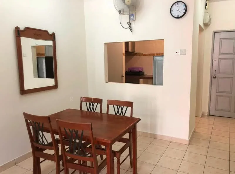 Dining features: wooden dining table with four chairs, cream painted walls, tile flooring, wall-mounted clock, mirror on wall, open kitchen pass-through, ceiling fan, doorway leading to hallway. Kitchen features: stainless-steel fridge, kitchen countertop, tile backsplash.