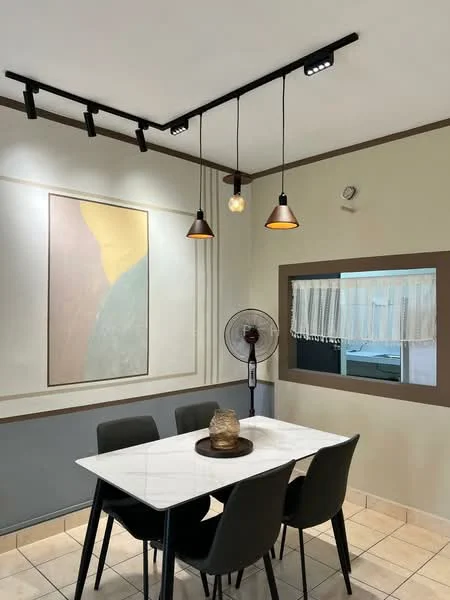 Dining features: white marble dining table, 4 black upholstered dining chairs, pendant lighting with three bulbs, track lighting with adjustable spots, ceiling fan, framed artwork on wall, cream painted walls, tile flooring, window with sheer curtains; style: modern.