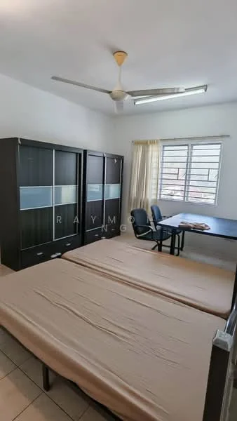 Bedroom features: queen-size bed, light-colored bed linens, 2-door wardrobe with glass panels, study desk, black chair, ceiling fan, window with sheer curtains, tile flooring, white painted walls; style: modern.