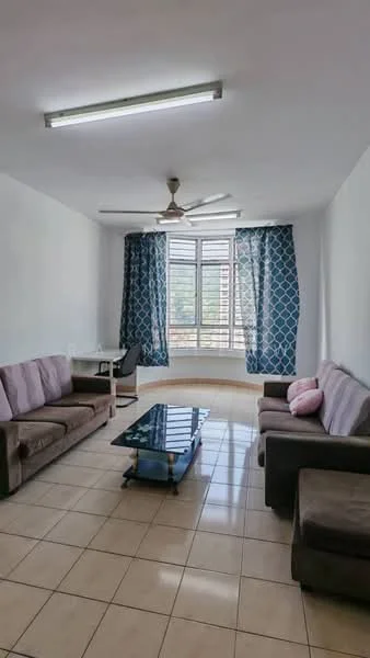 Living features: 2-seater fabric sofa in brown, 3-seater fabric sofa in grey, glass coffee table, floor-to-ceiling windows, curtains with geometric pattern in blue, ceiling fan, tiled flooring, white painted walls, desk with chair; style: modern; view: city.