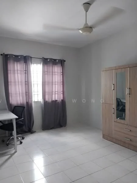 Bedroom features: white painted walls, ceiling fan, floor-to-ceiling window, grey curtains, white tiled flooring, built-in wardrobe, study desk, office chair; style: modern.