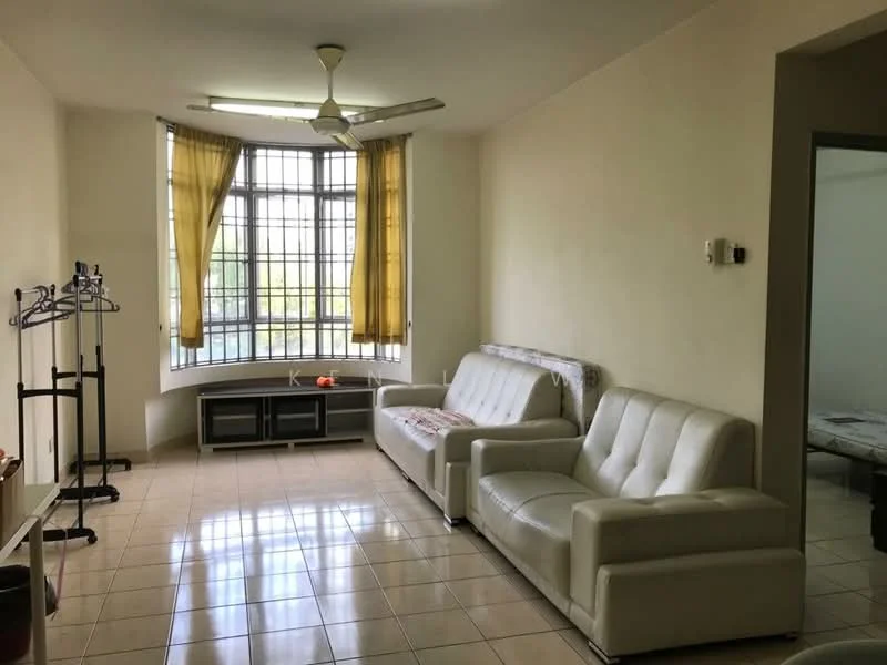 Living features: white leather sofa, 3-seater sofa, 2-seater sofa, ceiling fan, large window with grid design, yellow sheer curtains, tile flooring, wall-mounted TV console, decorative shelving unit, natural light from window; style: modern; view: garden.