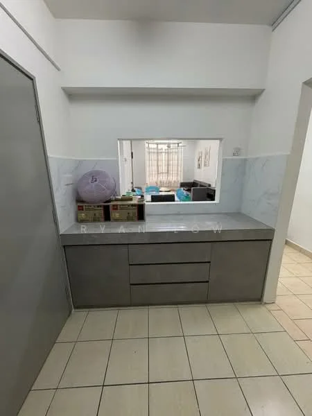 Room features: grey countertop, built-in cabinetry with drawers, white tiled backsplash, cream tiled flooring, wall-mounted mirror, light-colored walls, open layout, window with sheer curtains; style: modern; view: living room.