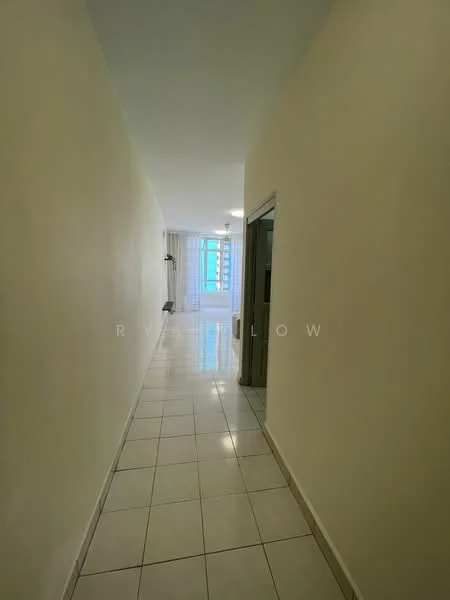 Room features: white painted walls, glossy ceramic tile flooring, recessed downlights, window with sheer curtains, doorway leading to another room.