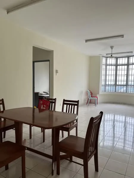 Dining features: wooden dining table, 4 wooden dining chairs, white tiled flooring, cream painted walls, ceiling fan, large windows, natural light, open layout; style: modern; view: city. Room features: white painted walls, white tiled flooring, large windows, natural light.