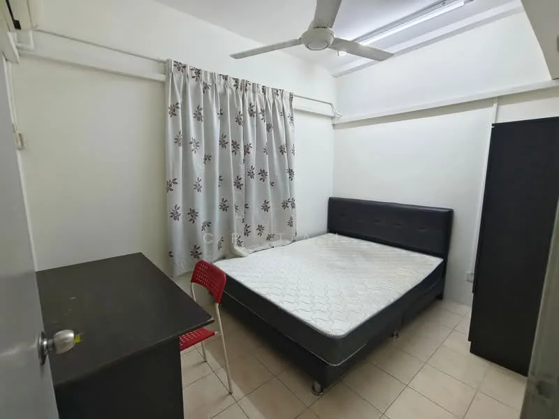Bedroom features: queen-size bed, black upholstered headboard, white mattress, study desk, red plastic chair, ceiling fan, curtains with floral pattern, tiled flooring, white painted walls; style: minimalist.