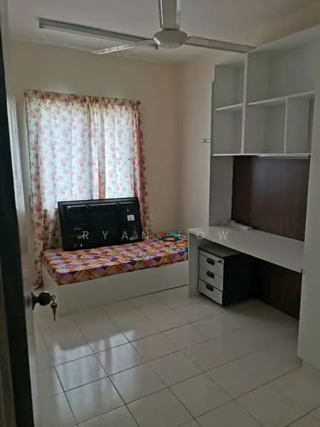 Bedroom features: single bed with colorful bedding, built-in study desk, white shelving unit, dark wood accent wall, floor-to-ceiling window with floral curtains, white tiled flooring, ceiling fan, wall-mounted TV, storage drawers under desk; style: modern.