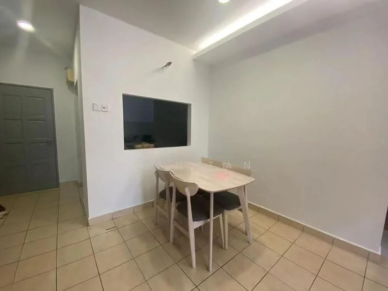 Dining features: square dining table, 4 dining chairs, white walls, tile flooring, recessed lighting, open wall cutout to kitchen, neutral decor; style: modern. Room features: grey door, wall-mounted light fixture.