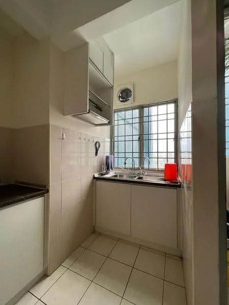 Kitchen features: single-bowl stainless-steel sink, chrome pull-down faucet, white cabinetry, black countertop, wall-mounted range hood, tile backsplash, ceramic tile flooring, window with metal grille, natural light from window, kitchen appliances visible; style: modern; view: city.