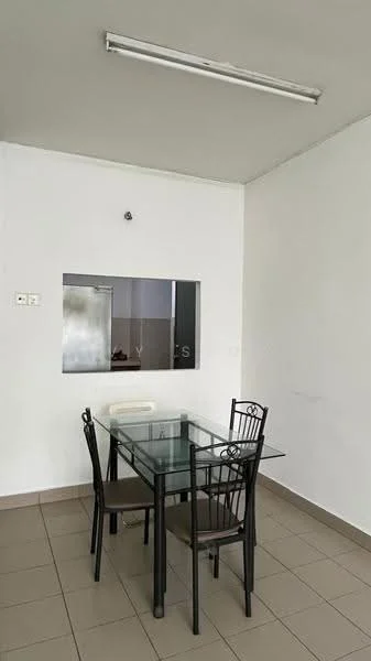 Dining features: glass dining table, 4 black metal dining chairs, white painted walls, tile flooring, fluorescent ceiling light, window opening to kitchen, neutral color scheme; style: modern.