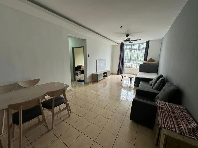 Living features: grey fabric sofa, 2-seater sofa, 3-seater sofa, coffee table, dining table with 4 chairs, floor-to-ceiling windows, curtains, ceiling fan, tiled flooring, white painted walls; style: modern. Room features: light from ceiling, open layout, neutral color scheme.