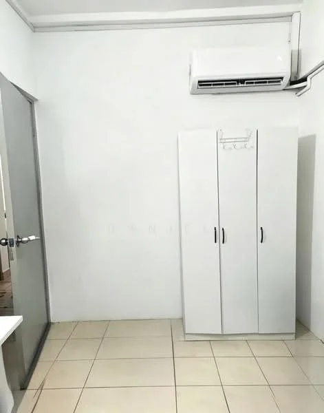 Room features: white painted walls, tile flooring, 1 wall-mounted split AC, white wardrobe with two doors, door leading to another room; style: minimalist.