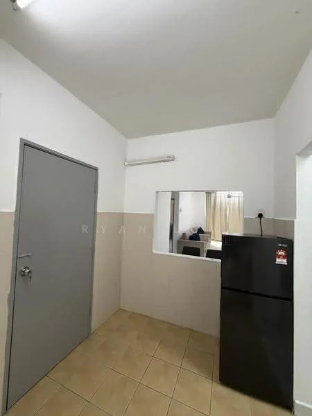 Room features: white painted walls, cream tiled flooring, grey door, black refrigerator, window with sheer curtains, light fixture on ceiling, countertop opening, neutral color scheme; style: modern.