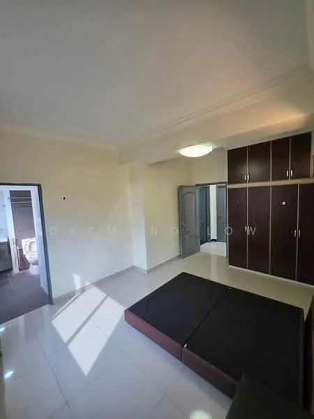 Bedroom features: cream painted walls, white ceiling with crown moulding, tile flooring, built-in wardrobe with sliding doors, large window allowing natural light, queen-size bed frame, lampshade ceiling light, corner view of adjacent room; style: modern.