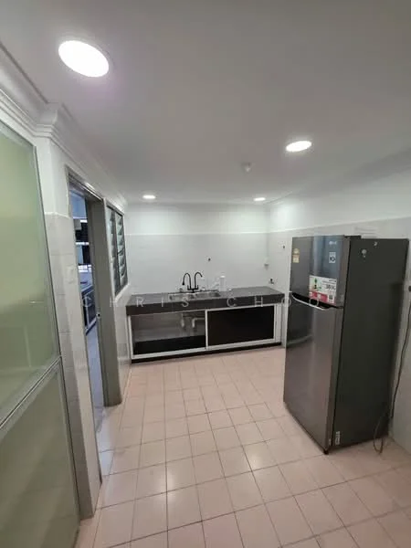 Kitchen features: white tiled walls, light grey tiled flooring, black countertop, single-bowl stainless-steel sink, chrome pull-down faucet, built-in refrigerator, kitchen cabinetry with glass doors, recessed LED downlights; style: modern.