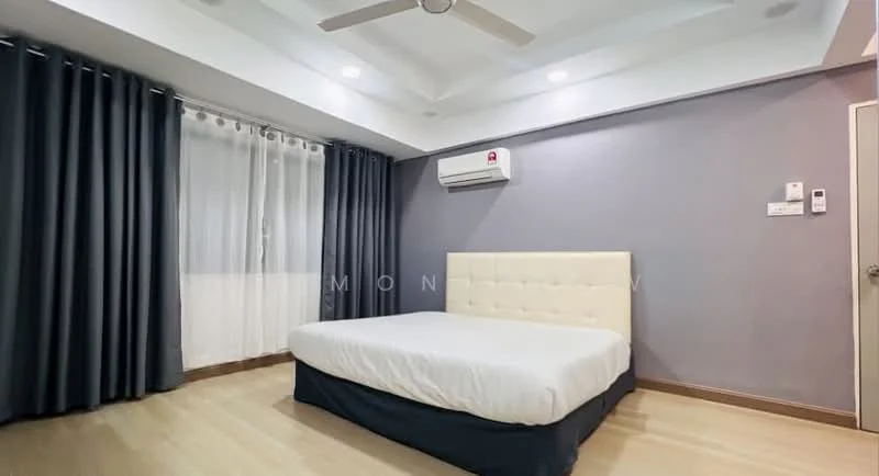 Bedroom features: queen-size bed, upholstered headboard, 2 bedside lamps, 1 wall-mounted split AC, 5-blade ceiling fan with light, grey painted walls, white ceiling with recessed lighting, light wood flooring, floor-to-ceiling curtains, window with sheer curtains; style: modern.