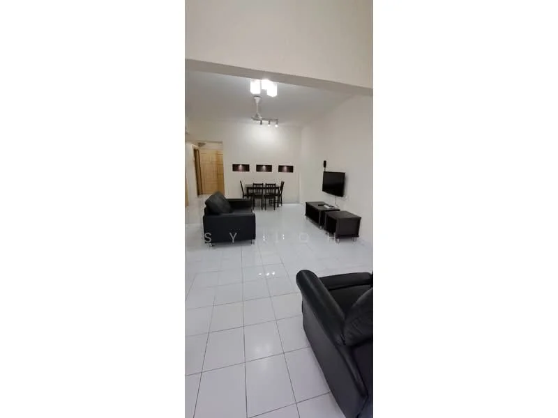 Living features: white painted walls, glossy white tile flooring, 5-blade ceiling fan with light, 2-seater leather sofa in black, 3-seater leather sofa in black, wall-mounted TV, TV console, dining table with 6 chairs, decorative wall art; style: modern.