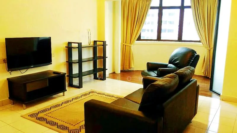 Living features: black leather sofa, 3-seater sofa, single armchair, coffee table, TV console, wall-mounted TV, open shelving unit, cream area rug with geometric pattern, floor-to-ceiling windows, curtains, white painted walls, tile flooring; style: modern.