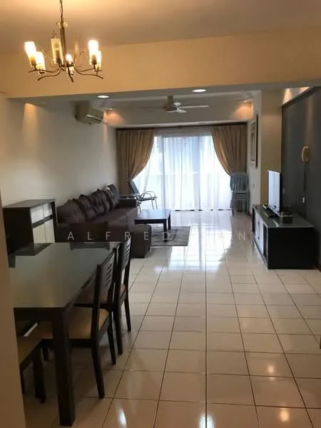 Living features: 3-seater fabric sofa in brown, 2-seater fabric sofa in brown, coffee table, TV console, wall-mounted TV, area rug, 5-blade ceiling fan, recessed downlights, floor-to-ceiling windows with sheer curtains, sliding glass door, dining table with 4 chairs, decorative wall art; style: contemporary; view: garden.
