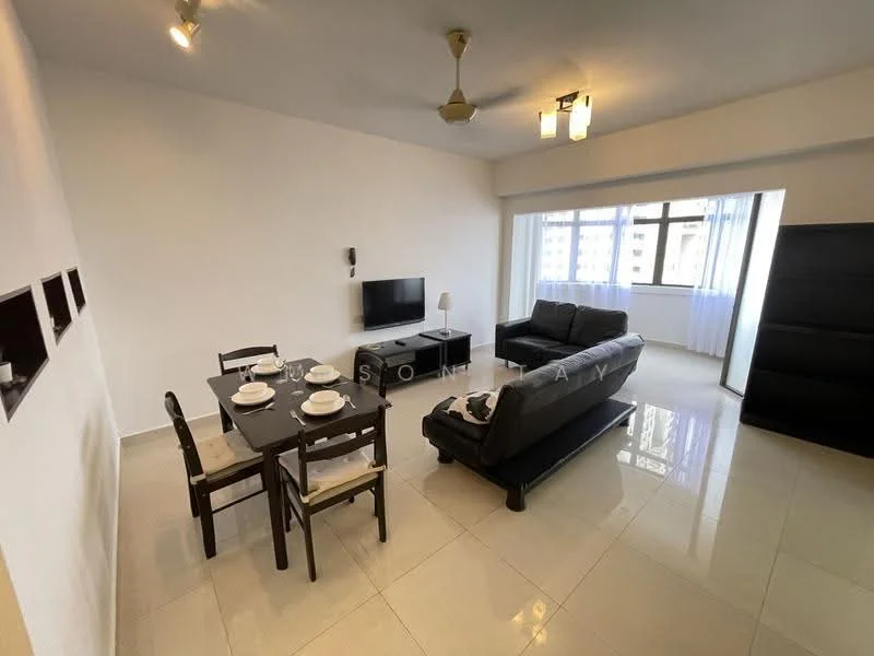 Living features: white painted walls, glossy tile flooring, 5-blade ceiling fan with light, sofa in dark grey, coffee table, wall-mounted TV, TV console, area rug, large window with sheer curtains, dining table for 4, 4 dining chairs, black bookshelf; style: modern; view: city.