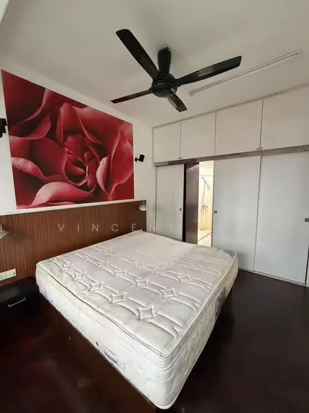 Bedroom features: black ceiling fan, wooden accent wall with floral mural, white painted walls, built-in wardrobe with sliding doors, dark wood flooring, bedside lamps, unmade bed with mattress; style: modern.