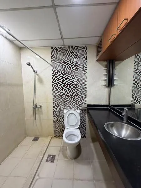 Bathroom features: walk-in shower with glass partition, chrome handheld shower, black countertop, single-bowl stainless-steel sink, white toilet, mosaic tile accent wall, cream tiled walls, cream tiled flooring, mirror above sink, wood cabinetry above sink, recessed lighting; style: modern.