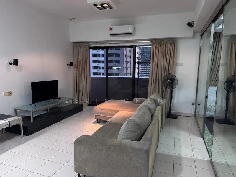 Living features: grey fabric L-shape sectional sofa, black TV console, wall-mounted TV, floor-to-ceiling windows, sheer curtains, recessed downlights, 2 wall-mounted sconces, 2 standing fans, white tiled flooring, mirror wall, air conditioning unit; style: modern; view: city.
