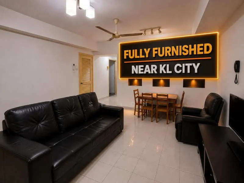 Living features: 3-seater leather sofa in black, dining table for 4, 4 dining chairs, wall-mounted TV, TV console, ceiling fan, recessed downlights, white painted walls, tile flooring, decorative wall signage; style: modern.