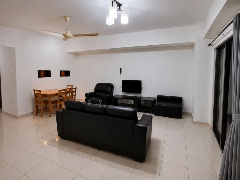 Living features: black leather sofa, 2-seater black leather sofa, coffee table, TV console, wall-mounted TV, dining table with 4 chairs, ceiling fan, recessed ceiling lights, cream tiled flooring, white painted walls, sliding glass door, curtains; style: modern.