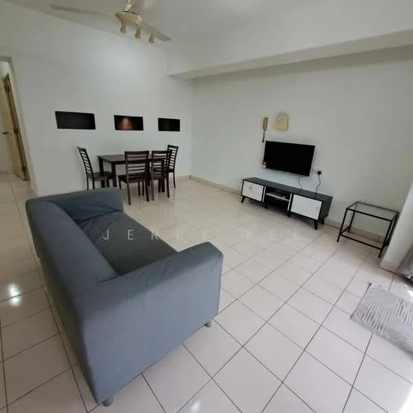 Living features: grey fabric sofa, 4-seater dining table, black dining chairs, wall-mounted TV, TV console in white and black, glass side table, ceiling fan, white painted walls, tile flooring, natural light from windows, decorative wall cutouts; style: modern.