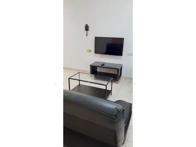 Living features: black leather sofa, glass coffee table, black TV console, wall-mounted flat-screen TV, white painted walls, tile flooring, remote control on table; style: modern.