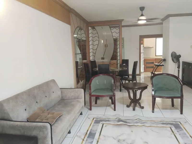 Living features: grey fabric sofa, 2 wooden armchairs, marble area rug, white tiled flooring, ceiling fan with light, wall-mounted mirror, dining table with black chairs, open layout to kitchen, decorative wall paneling; style: contemporary.