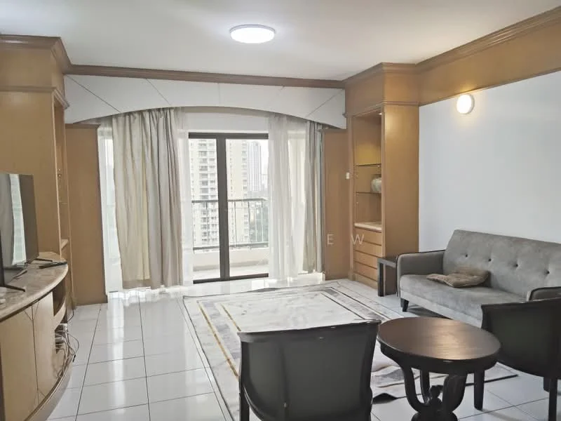 Living features: grey fabric sofa, round wooden coffee table, TV console with built-in shelving, floor-to-ceiling windows, sheer curtains, white walls, white ceiling, recessed ceiling light, tile flooring, decorative wall paneling; style: modern; view: city.