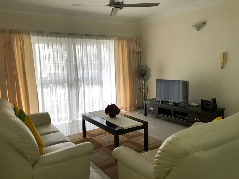 Living features: 2-seater leather sofa in white, 3-seater fabric sofa in cream, coffee table with wooden top, TV console in dark wood, wall-mounted TV, ceiling fan, floor-to-ceiling windows, sheer curtains, area rug with geometric pattern, decorative wall sconce, wall-mounted light fixture; style: contemporary.