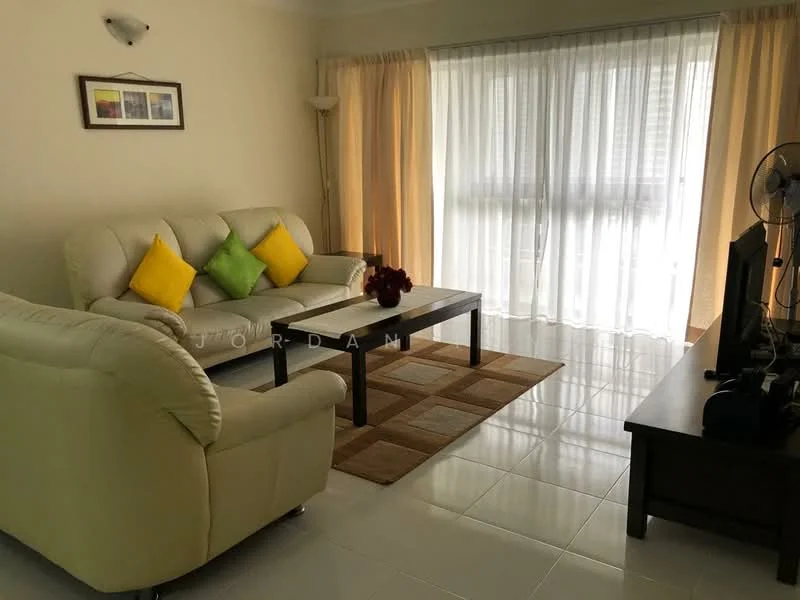 Living features: cream leather sofa, 2-seater sofa, 3-seater sofa, yellow and green accent cushions, coffee table, area rug with geometric pattern, floor-to-ceiling windows, sheer curtains, light-colored walls, tile flooring, wall-mounted TV, ceiling fan; style: modern.