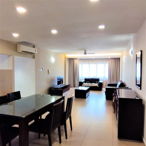 Living features: wall-mounted TV, black TV console, 3-seater leather sofa, 2-seater leather sofa, coffee table, ceiling fan, recessed LED downlights, large windows with sheer curtains, light-colored walls, tile flooring, air conditioning unit; style: modern. Dining features: 6-seater dining table, black dining chairs, light-colored walls, tile flooring; style: modern.