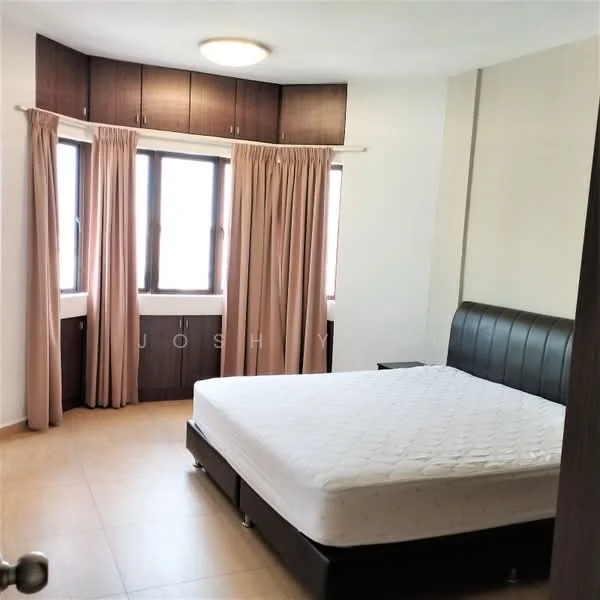 Bedroom features: queen-size bed, upholstered headboard, wooden cabinetry, floor-to-ceiling windows, curtains, tile flooring, ceiling light fixture, neutral wall color; style: modern.