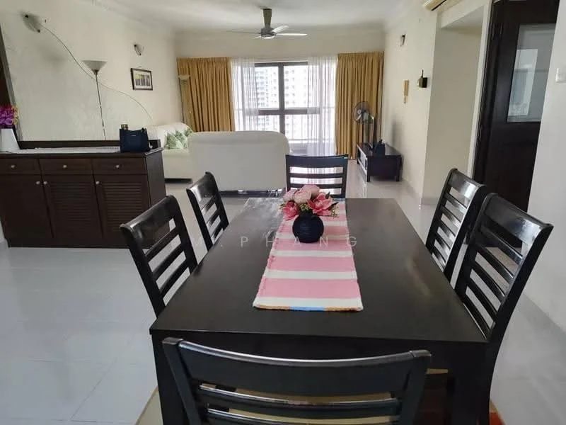 Dining features: 6-seater dining table, black wooden dining chairs, table runner with pink and white stripes, decorative vase with flowers, white tiled flooring, wall-mounted lamp, curtains in yellow, ceiling fan with light, open layout to living area, large window with city view; style: modern; view: city. Living features: sofa in white fabric, coffee table, TV console, floor lamp, large window with city view, light-colored walls, wooden door, decorative wall art; style: modern; view: city.
