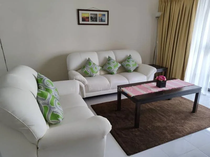 Living features: 2-seater fabric sofa in white, 3-seater fabric sofa in white, green patterned cushions, wood coffee table, area rug in brown, floor-to-ceiling windows with sheer curtains, light-colored walls, decorative wall art with landscape images, curtains in light beige; style: modern.