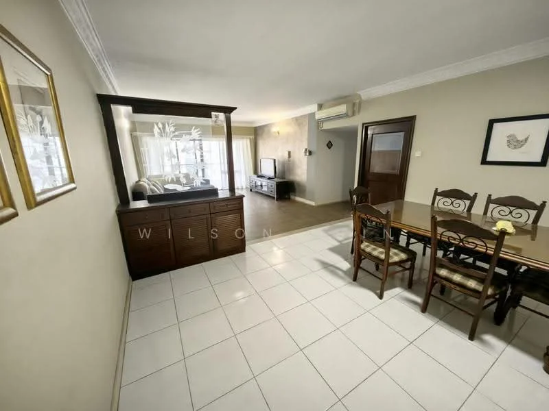 Living features: white painted walls, tile flooring, 5-blade ceiling fan, wall-mounted TV, sofa, coffee table, dining table with chairs, air conditioning unit, large windows with sheer curtains, decorative wall art, sideboard cabinet; style: modern.