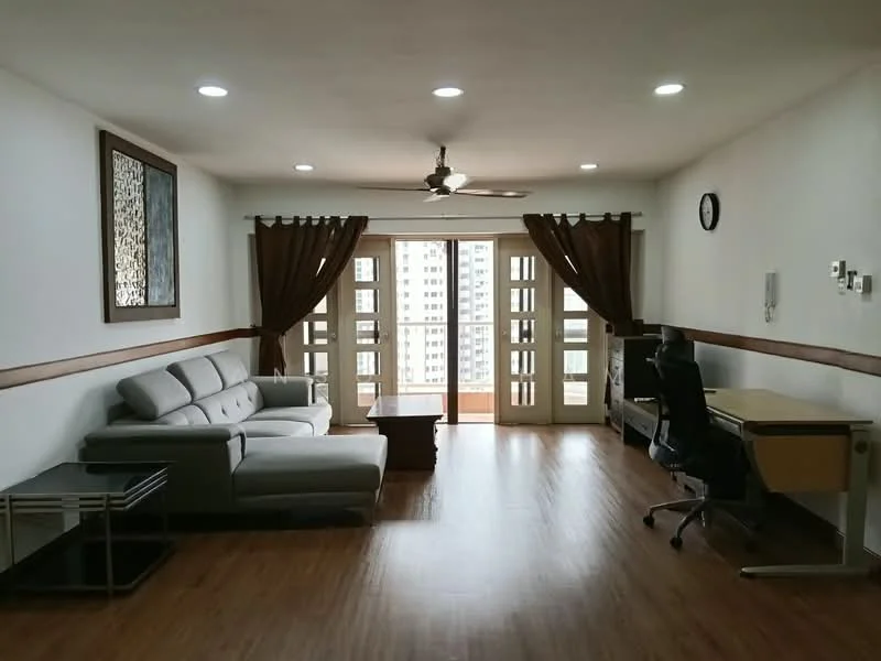 Living features: 3-seater fabric sofa in light grey, wood coffee table, glass side table, desk with chair, floor-to-ceiling windows, sliding glass doors, wooden flooring, recessed downlights, ceiling fan with light, decorative wall art, curtains in brown, wall clock; style: modern; view: city.