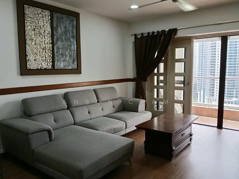 Living features: L-shape sectional sofa in grey, wooden coffee table, floor-to-ceiling windows, sliding glass door, curtains in dark brown, wood paneling on lower wall, decorative wall art, laminate flooring, ceiling fan; style: modern; view: city.