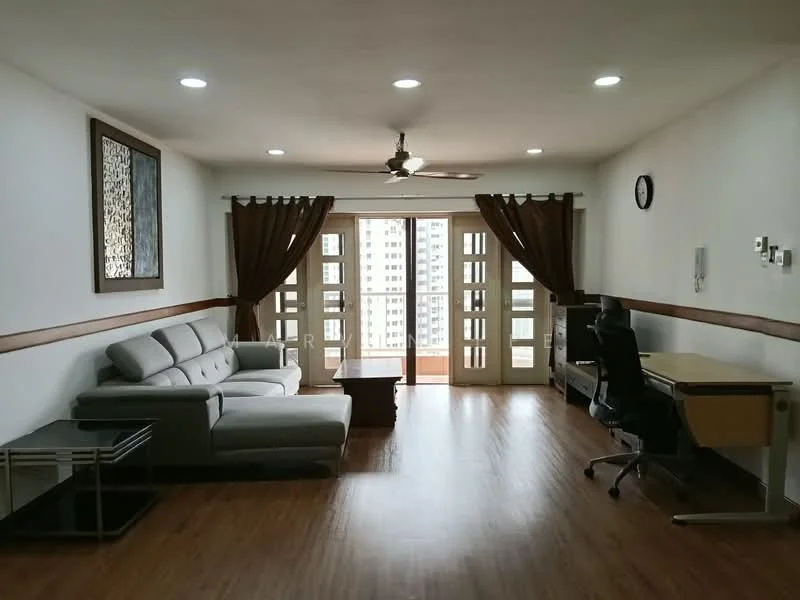 Living features: 3-seater fabric sofa in grey, coffee table, wall-mounted clock, ceiling fan with light, floor-to-ceiling windows, sliding glass door, curtains in brown, wooden flooring, decorative wall art, study desk with chair, built-in wall panel with electrical outlets; style: modern; view: city.